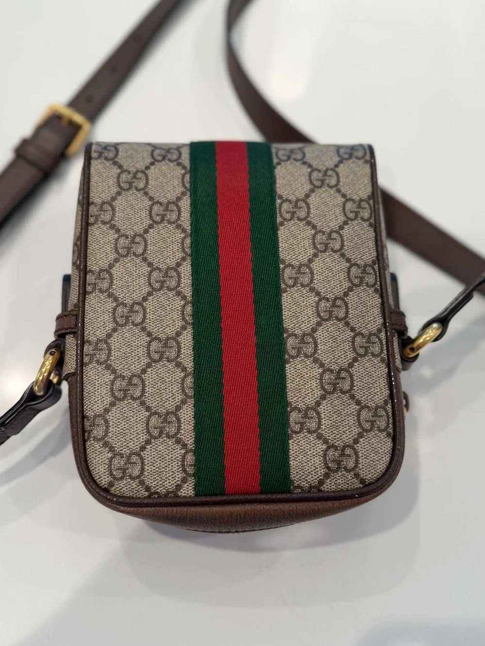 Gucci Beige/Brown GG Supreme Crossbody with Green-Red Web